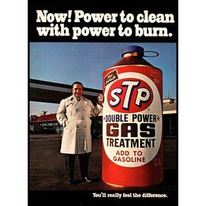 1971 STP Gas Treatment Can Vintage Print Ad Highway Overpass Trench Coat Photo